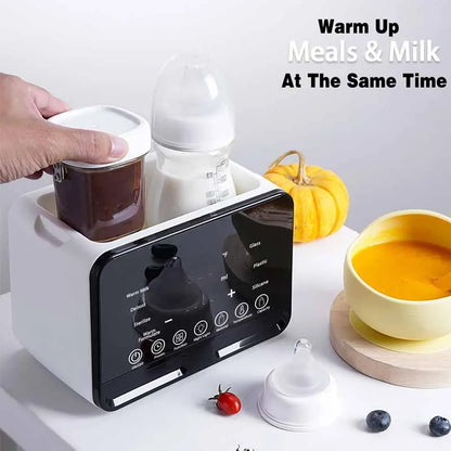 Baby feeding setup featuring a smart bottle warmer sterilizer for hygienic and warm milk