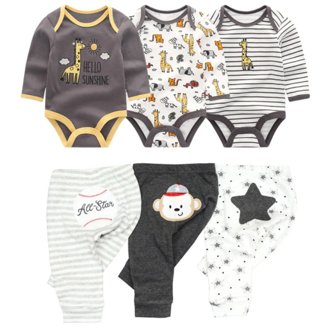 Baby boy 6-piece romper & pants set, blue cartoon animal print, 100% cotton infant apparel