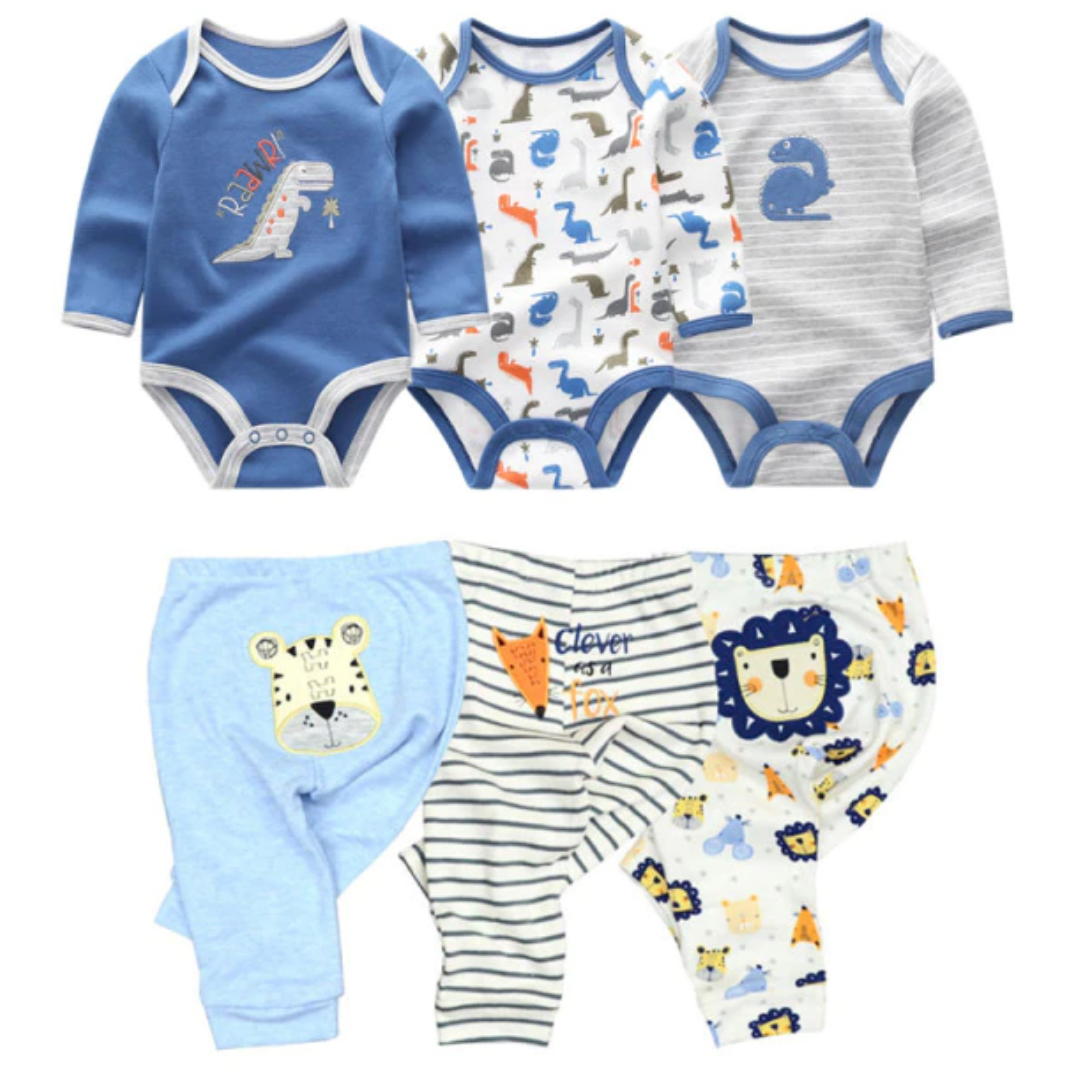 Toddler boy spring autumn outfit: white long-sleeve cartoon romper, striped pants, newborn gift set