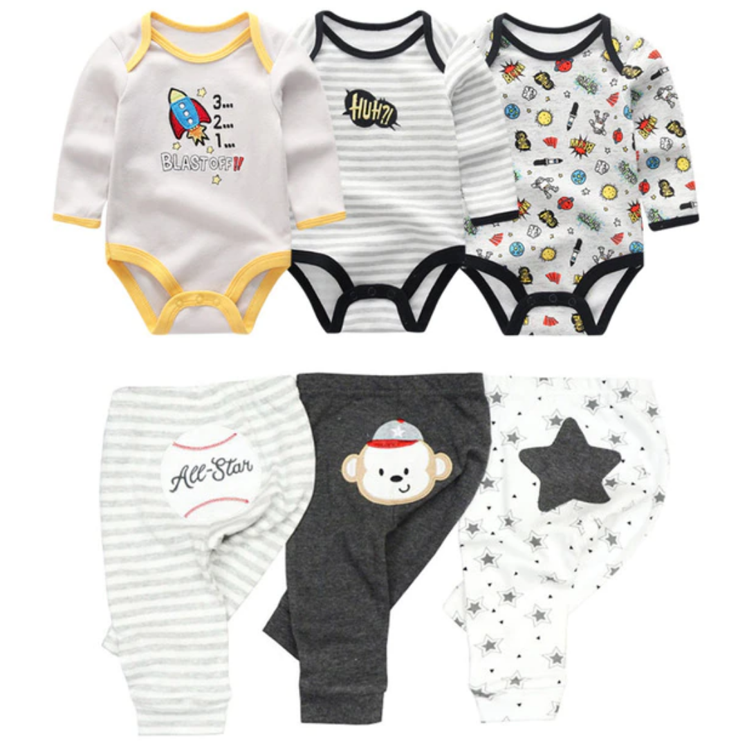Soft cotton baby boy clothes: 6-piece cartoon print romper and pants set, ideal for infants
