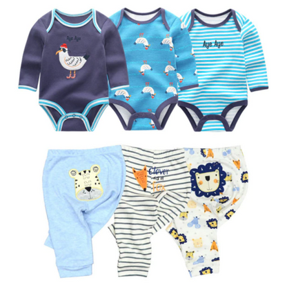 Close-up of baby boy's blue cartoon romper with matching striped pants, comfortable infant wear