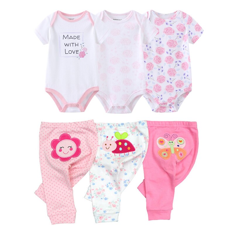 Full view of baby boy 6-piece set including cartoon romper, pants, for spring and autumn