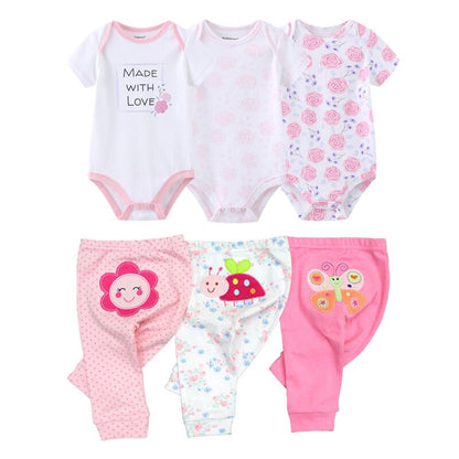 Full view of baby boy 6-piece set including cartoon romper, pants, for spring and autumn
