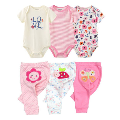 Six-piece infant apparel: baby boy cartoon romper set & pants, perfect newborn gift idea