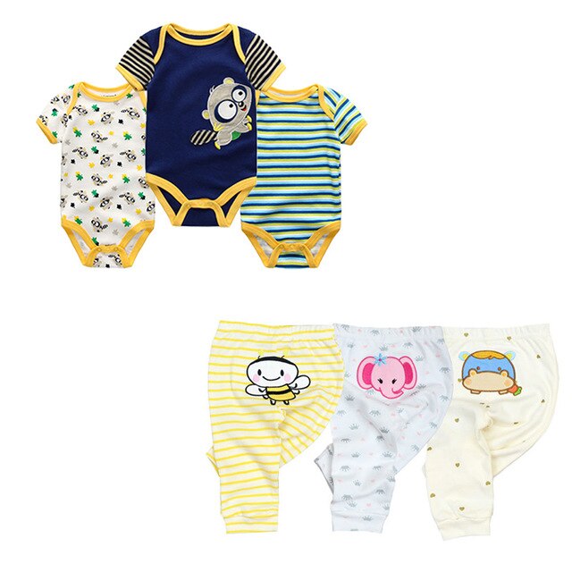 Stylish baby boy fashion: cartoon print romper and pants 6-piece set in soft cotton