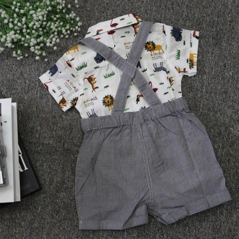 Baby boy animal print romper with suspender shorts, comfortable cotton toddler outfit