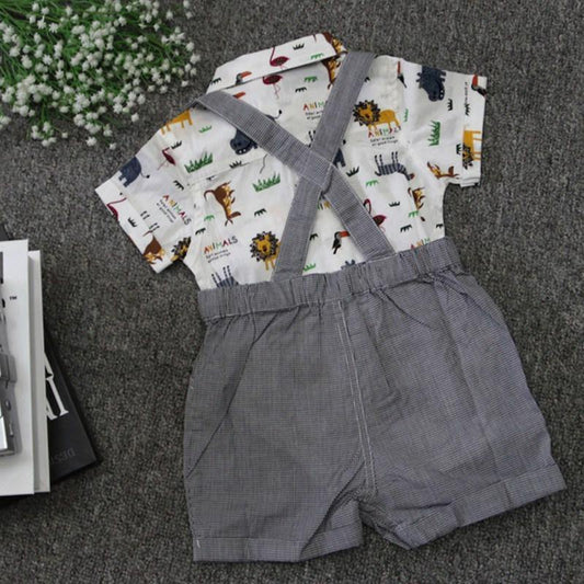 Baby boy animal print romper with suspender shorts, comfortable cotton toddler outfit