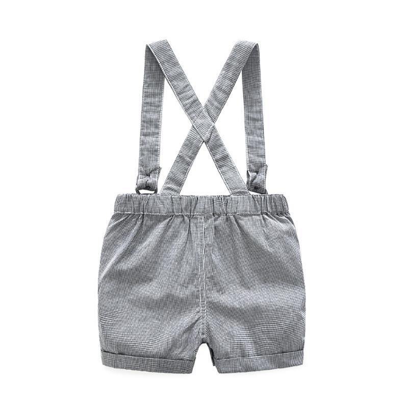 Toddler boy in cute animal print romper with suspender shorts, ideal baby clothing