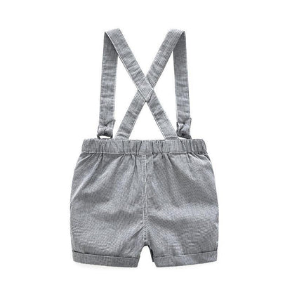 Toddler boy in cute animal print romper with suspender shorts, ideal baby clothing