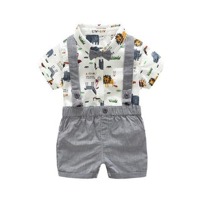 Full outfit: baby boy's animal print romper and suspender shorts, perfect toddler fashion