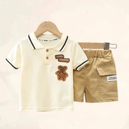 Baby boy cartoon t-shirt & shorts summer outfit set made of soft cotton, perfect for playwear.
