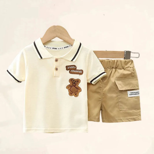 Baby boy cartoon t-shirt & shorts summer outfit set made of soft cotton, perfect for playwear.