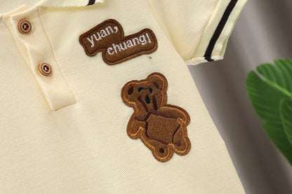 Essential baby boy's summer clothes: pure cotton cartoon t-shirt and practical shorts set.