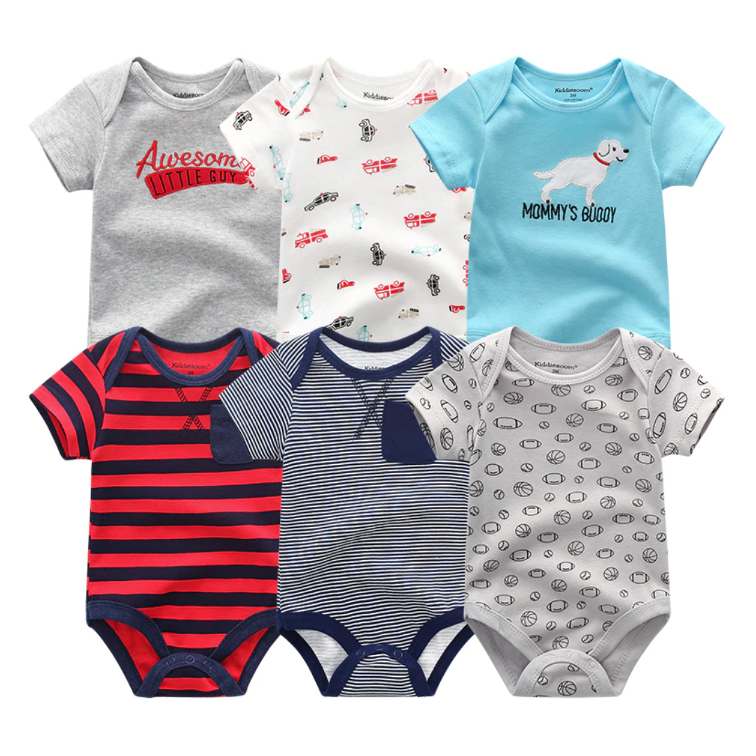 Baby boy cotton onesie with blue and white stripes, short sleeve, soft infant bodysuit