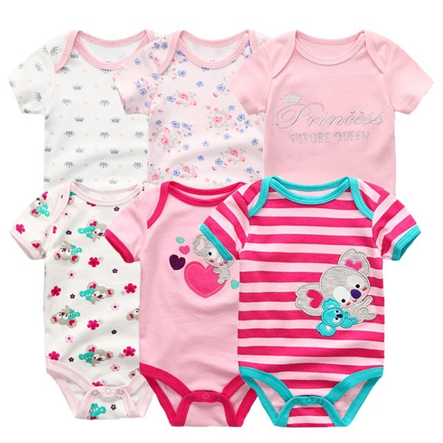 Full display of the 6-pack baby boy cotton onesies with diverse infant designs