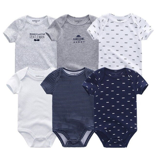 Vibrant mixed prints on six baby boy cotton onesies, fashionable and cozy infant bodysuits