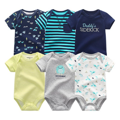Close-up of a baby boy cotton onesie featuring an adorable animal print, newborn essential