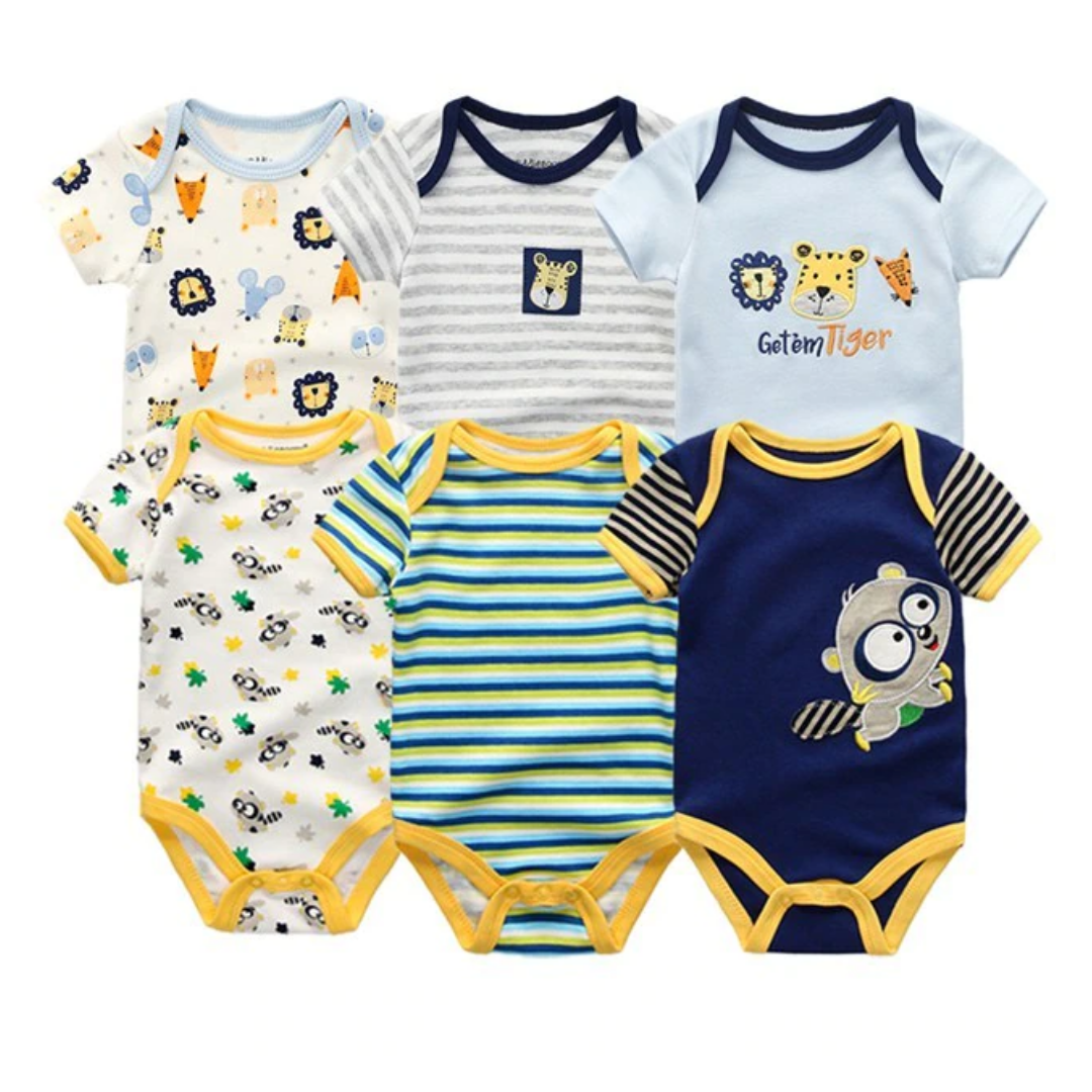 Six-pack of baby boy cotton onesies in mixed prints, perfect multipack for infants