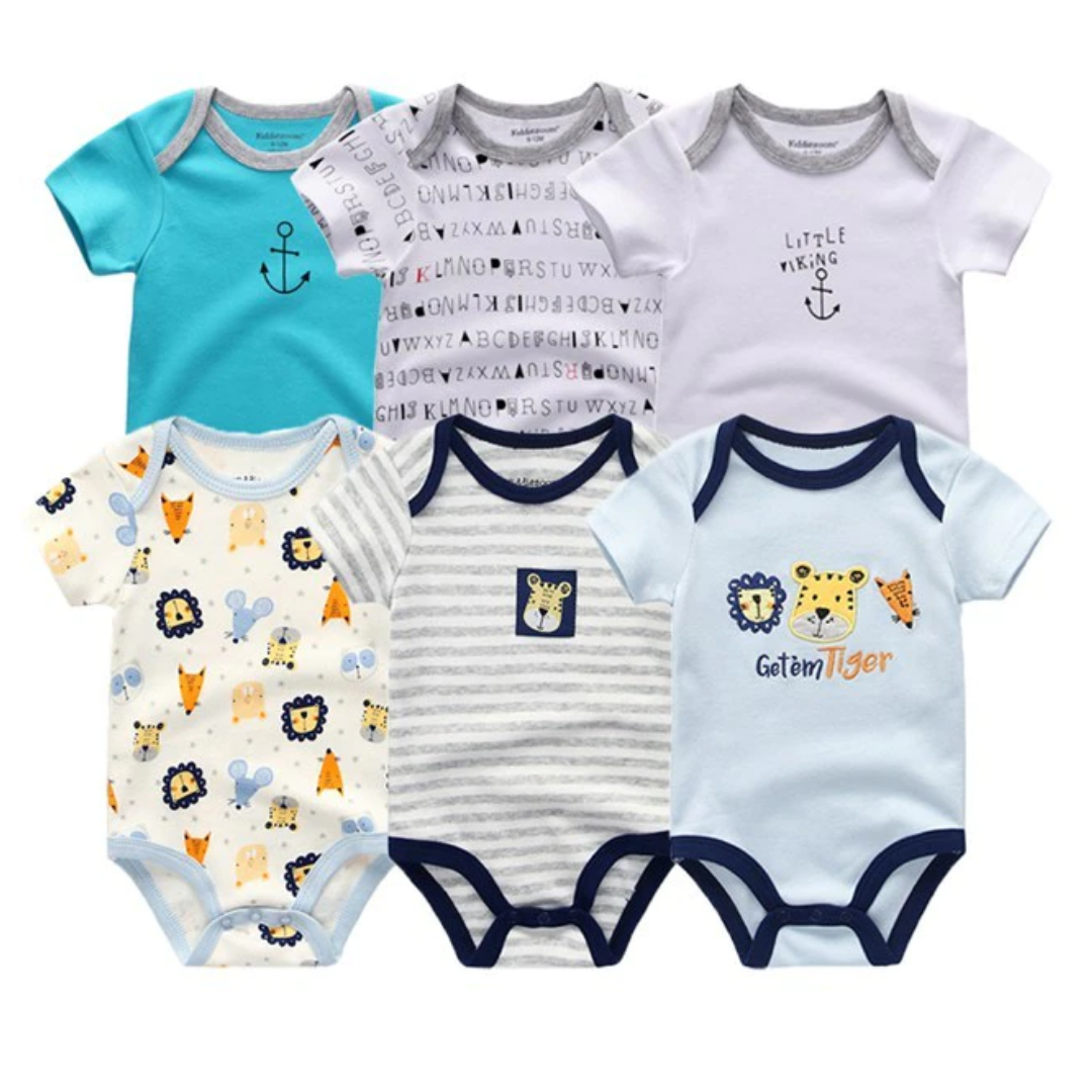 Infant baby boy short sleeve onesie with a playful car print, 100% cotton bodysuit