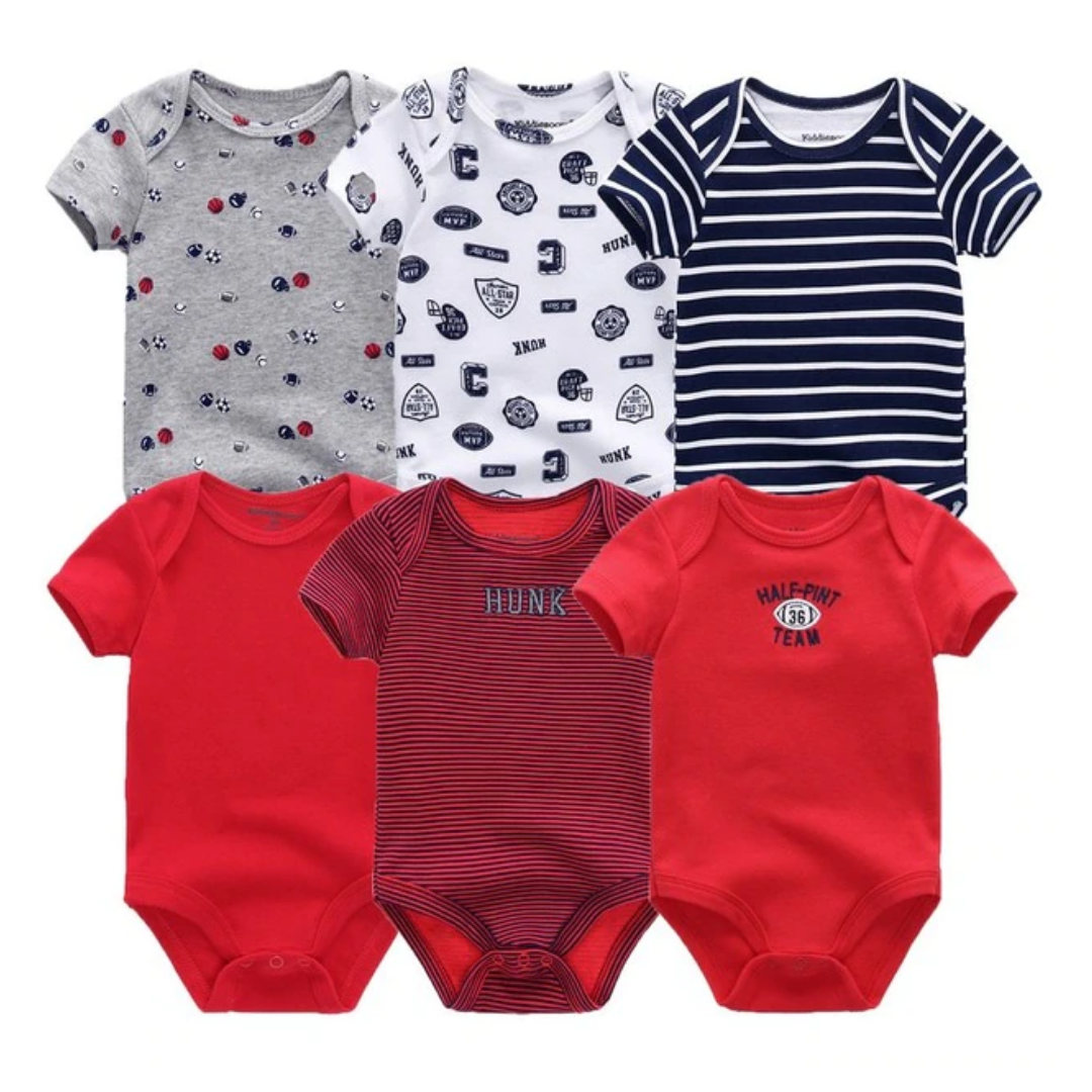 Assortment of cotton baby boy onesies, various prints, ideal for daily wear or baby gift