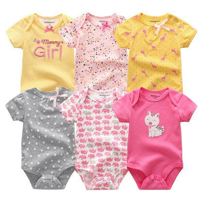 Collection of six baby boy cotton onesies, different patterns for infant clothing mix