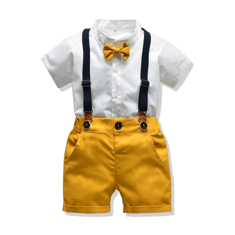 Baby boy elegant tuxedo dress outfit set with white shirt, black pants, suspenders, and bow tie for special occasions