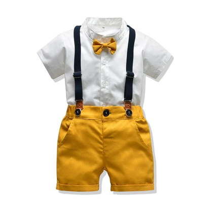 Baby boy elegant tuxedo dress outfit set with white shirt, black pants, suspenders, and bow tie for special occasions