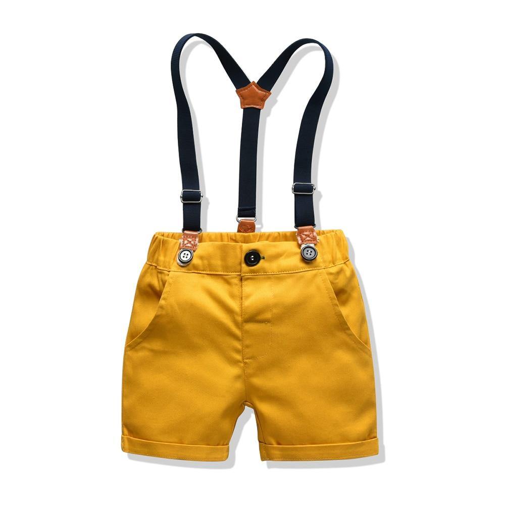 Stylish infant suit for baby boys, a complete tuxedo set with shirt, pants, suspenders, and bow tie