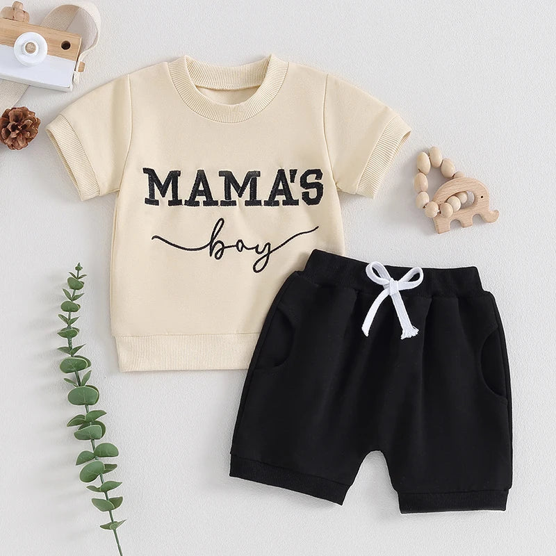 Baby boy embroidered summer outfit set, blue top & striped shorts for casual wear
