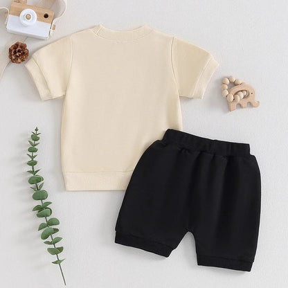 Kids fashion: Baby boy's short sleeve embroidered top and matching shorts set