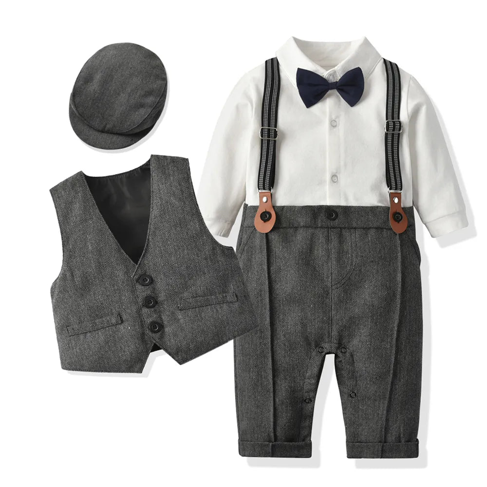 Baby boy formal gentleman romper set with vest and hat, perfect for special occasions, newborn to toddler.