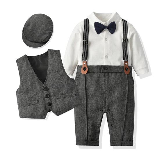 Baby boy formal gentleman romper set with vest and hat, perfect for special occasions, newborn to toddler.