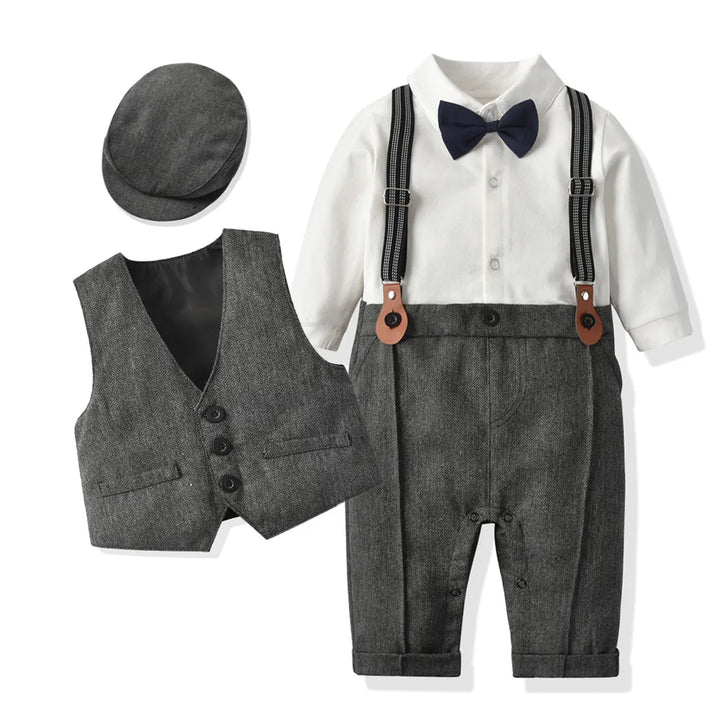 Baby boy formal gentleman romper set with vest and hat, perfect for special occasions, newborn to toddler.