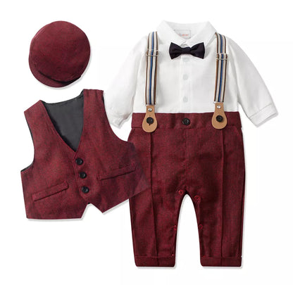 Baby boy romper with an integrated vest and a dapper hat, perfect for christenings & parties.