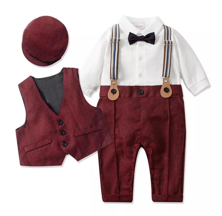 Baby boy romper with an integrated vest and a dapper hat, perfect for christenings & parties.
