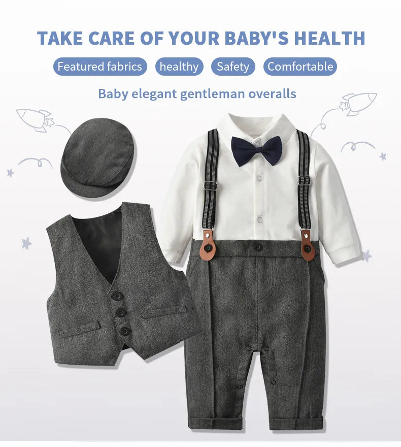 Stylish baby boy outfit: formal romper with vest design and a classic newsboy hat in dark blue.