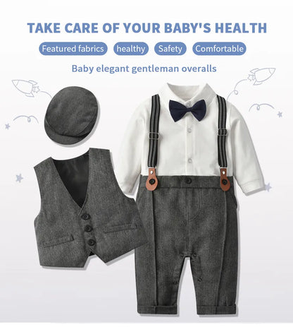 Stylish baby boy outfit: formal romper with vest design and a classic newsboy hat in dark blue.