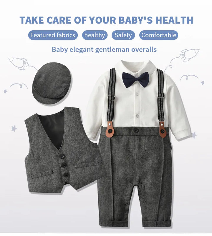 Stylish baby boy outfit: formal romper with vest design and a classic newsboy hat in dark blue.