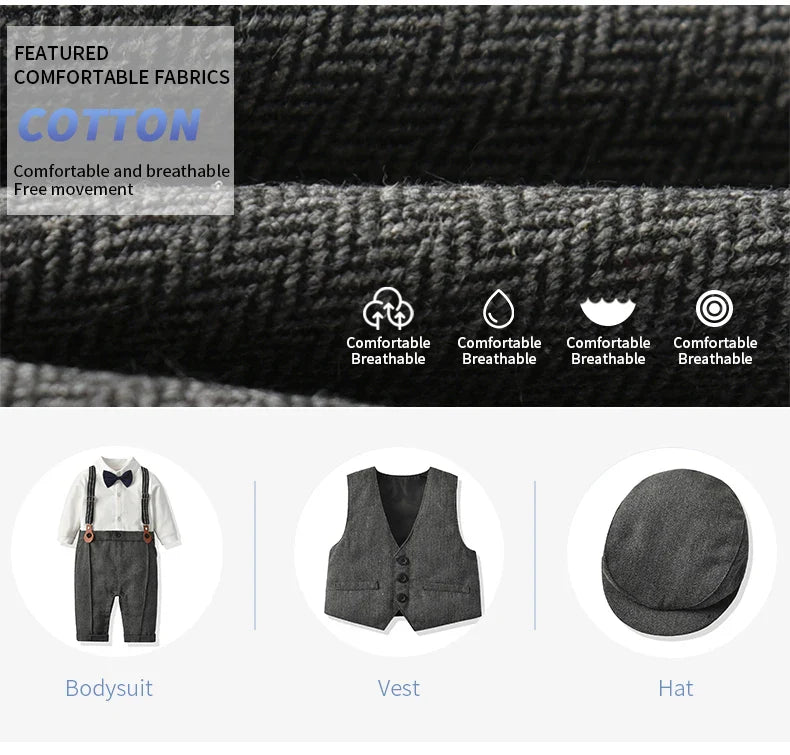Baby boy gentleman romper set, long sleeves, with a smart vest and a fashionable hat for photos.