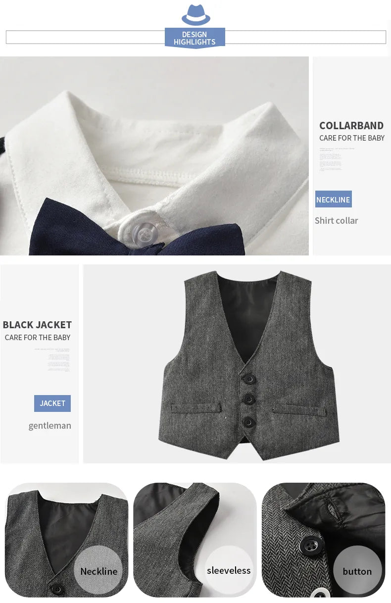 Spring autumn baby boy attire: gentleman romper set with vest and hat, made from breathable cotton.