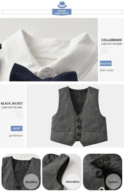 Spring autumn baby boy attire: gentleman romper set with vest and hat, made from breathable cotton.