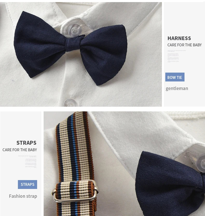 Infant formal wear: baby boy romper with attached vest, featuring bow tie detail and a cute hat.