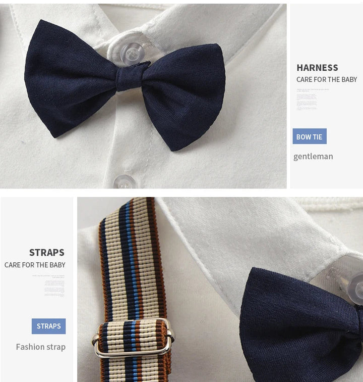 Infant formal wear: baby boy romper with attached vest, featuring bow tie detail and a cute hat.