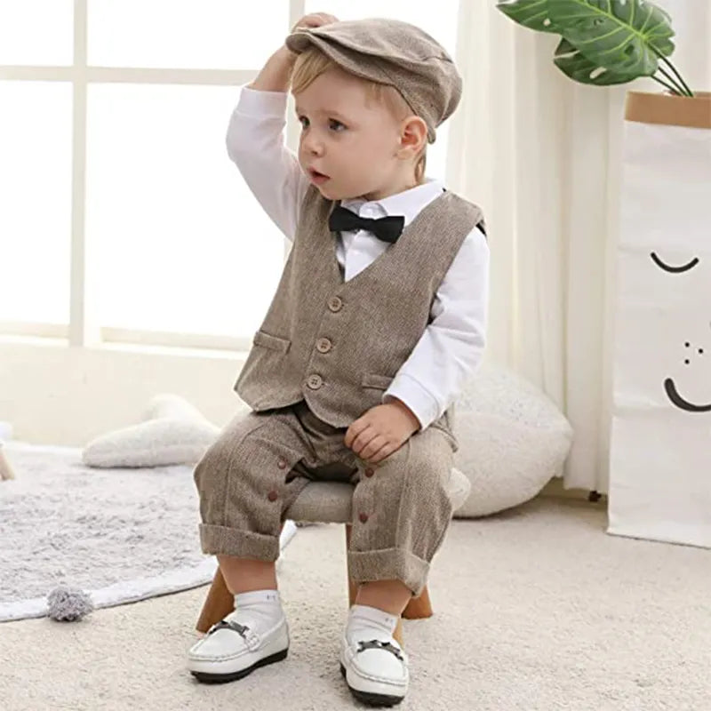 Infant party clothes: baby boy gentleman romper with snap-on vest and matching newsboy hat, cotton.