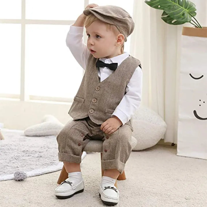 Infant party clothes: baby boy gentleman romper with snap-on vest and matching newsboy hat, cotton.
