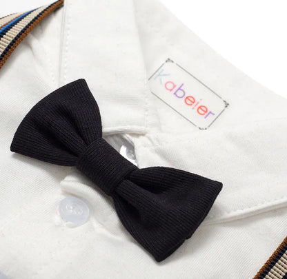 Newborn formal wear: baby boy romper set, includes smart vest with buttons and comfortable flat cap.