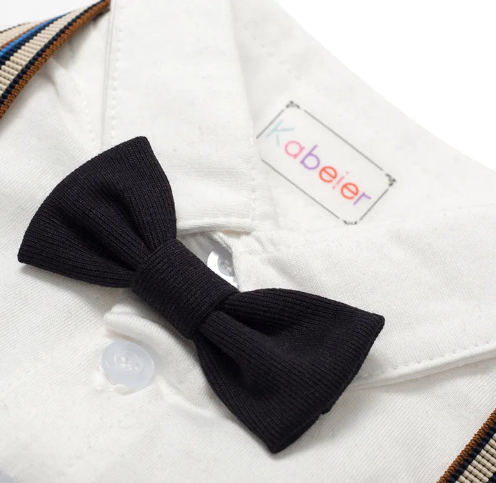 Newborn formal wear: baby boy romper set, includes smart vest with buttons and comfortable flat cap.