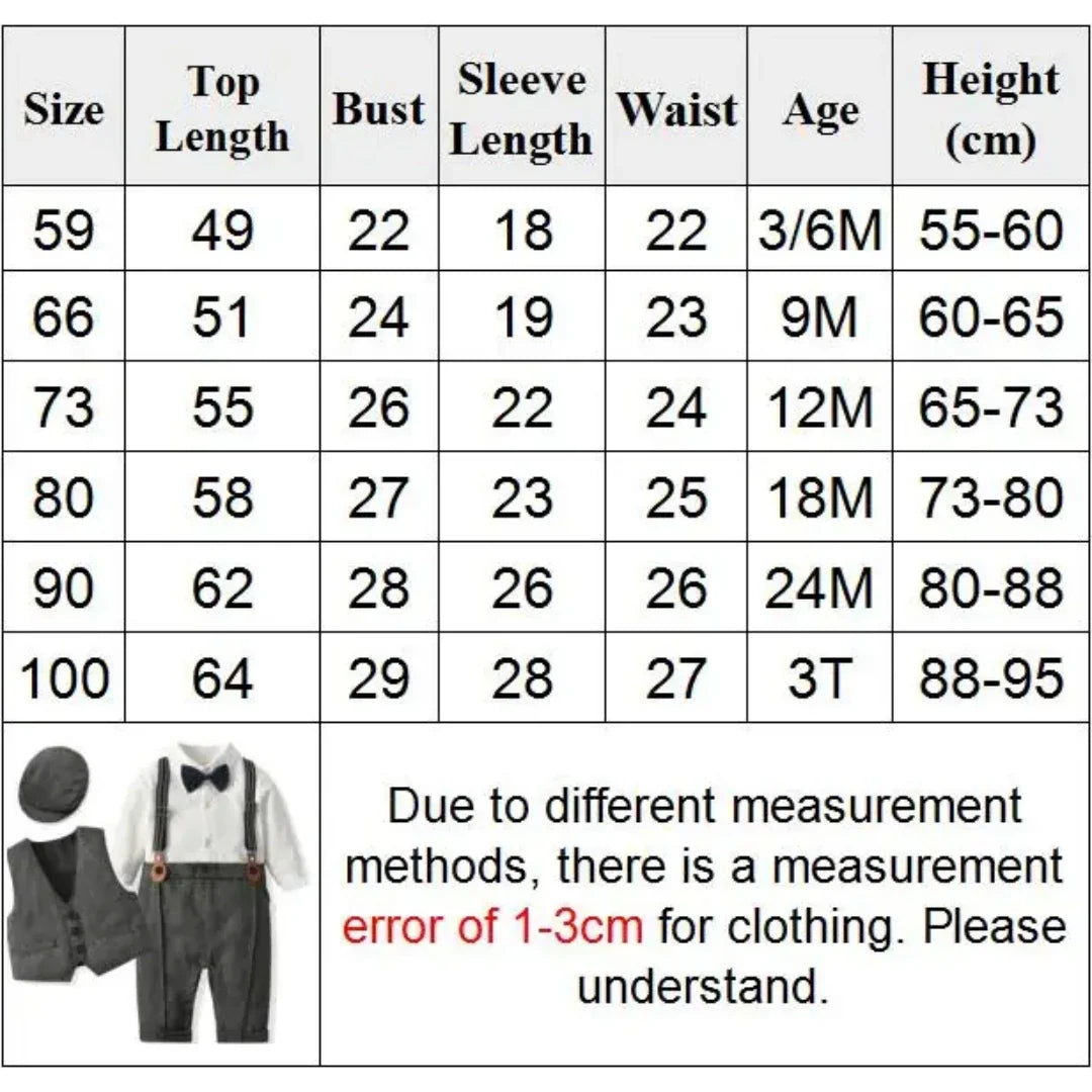 Cute baby boy gentleman set, comfortable cotton romper, vest, and hat, ideal for formal events.