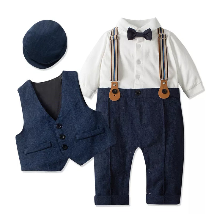 Baby boy gift: elegant gentleman romper with vest detailing and a soft, matching cap for infants.