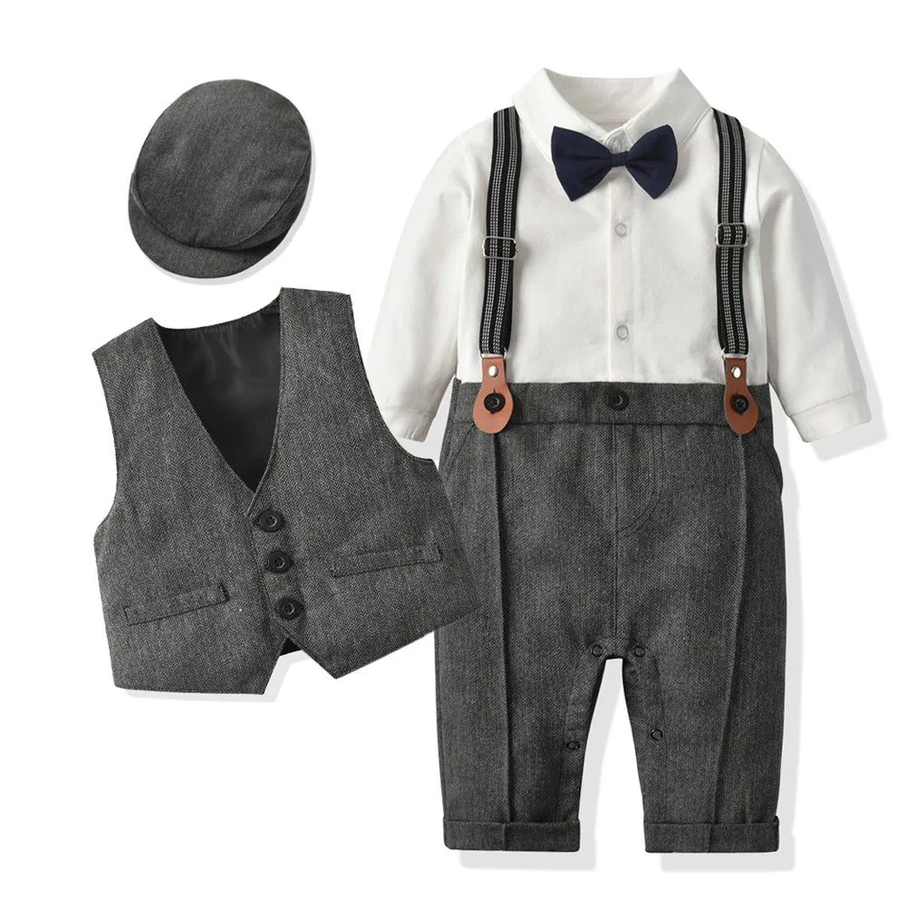 Full view of baby gentleman romper outfit, vest & hat, suitable for baby boy 0-24 months.
